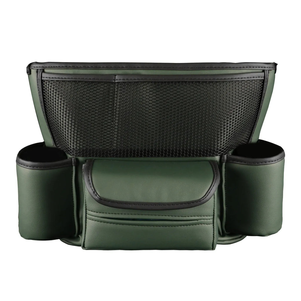 Multi function car centre console armrest storage bag in leather, 36x26x18 cm, black colour, installed between seats