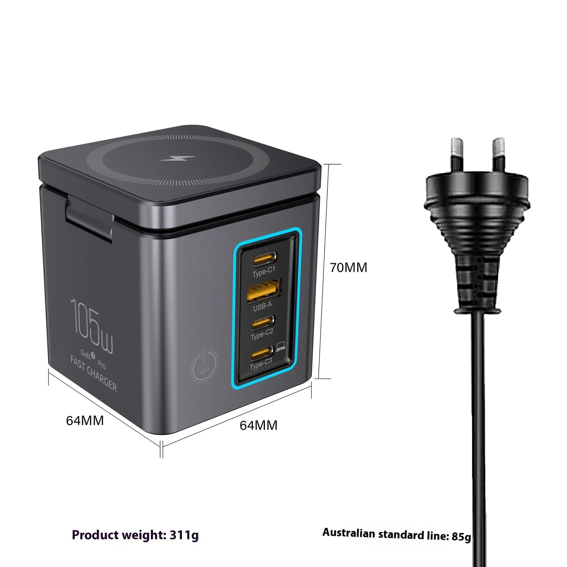 105W black Gallium Nitride magnetic wireless charger with interchangeable UK EU US AU plugs