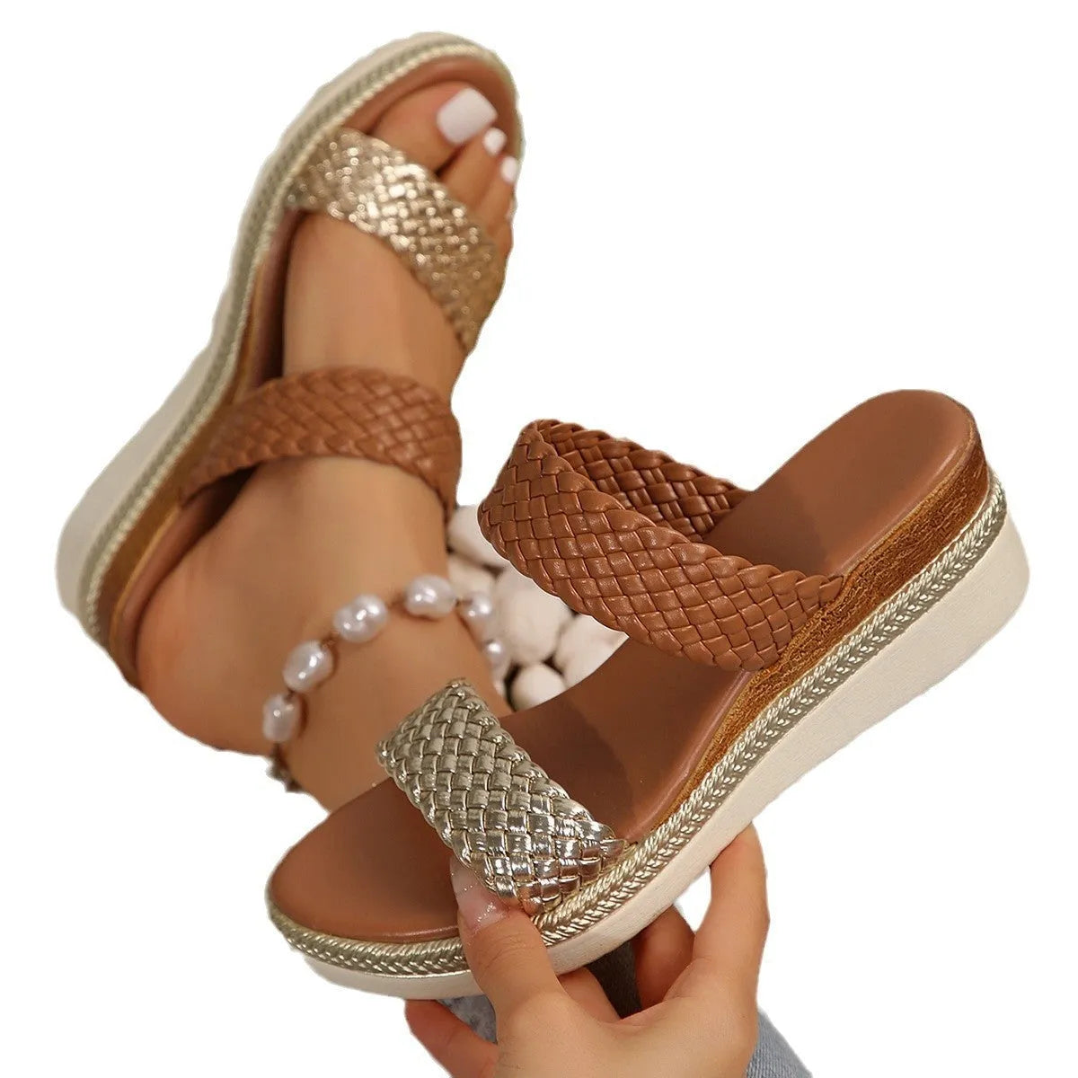 Women's plus size wedge sandals in gold and silver colours, sizes 36-43