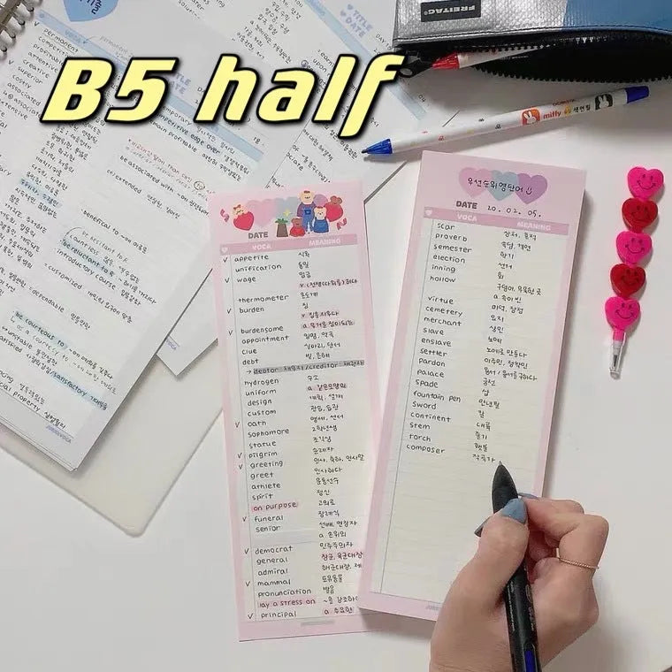 B5 half size vertical notepad for English word learning with pink, purple or blue cover options