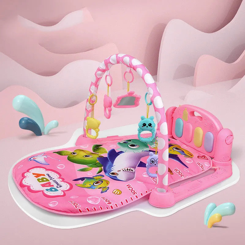 Baby fitness frame with pedal piano toy in blue marine animals design for infant development