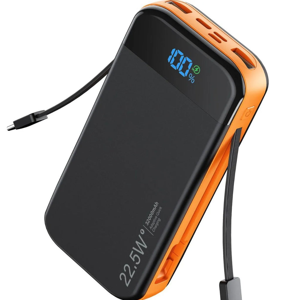PSE power bank fast charge 32000mAh black and orange with digital display and Type-C cable