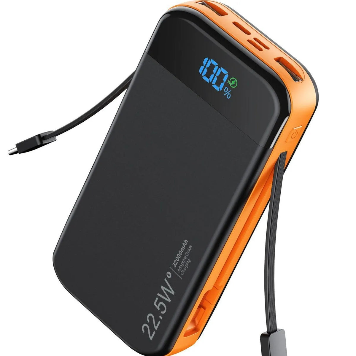 PSE power bank fast charge 32000mAh black and orange with digital display and Type-C cable