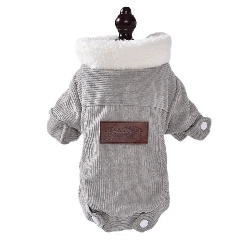Lambswool grey dog winter vest with fleece lining shown on pet model