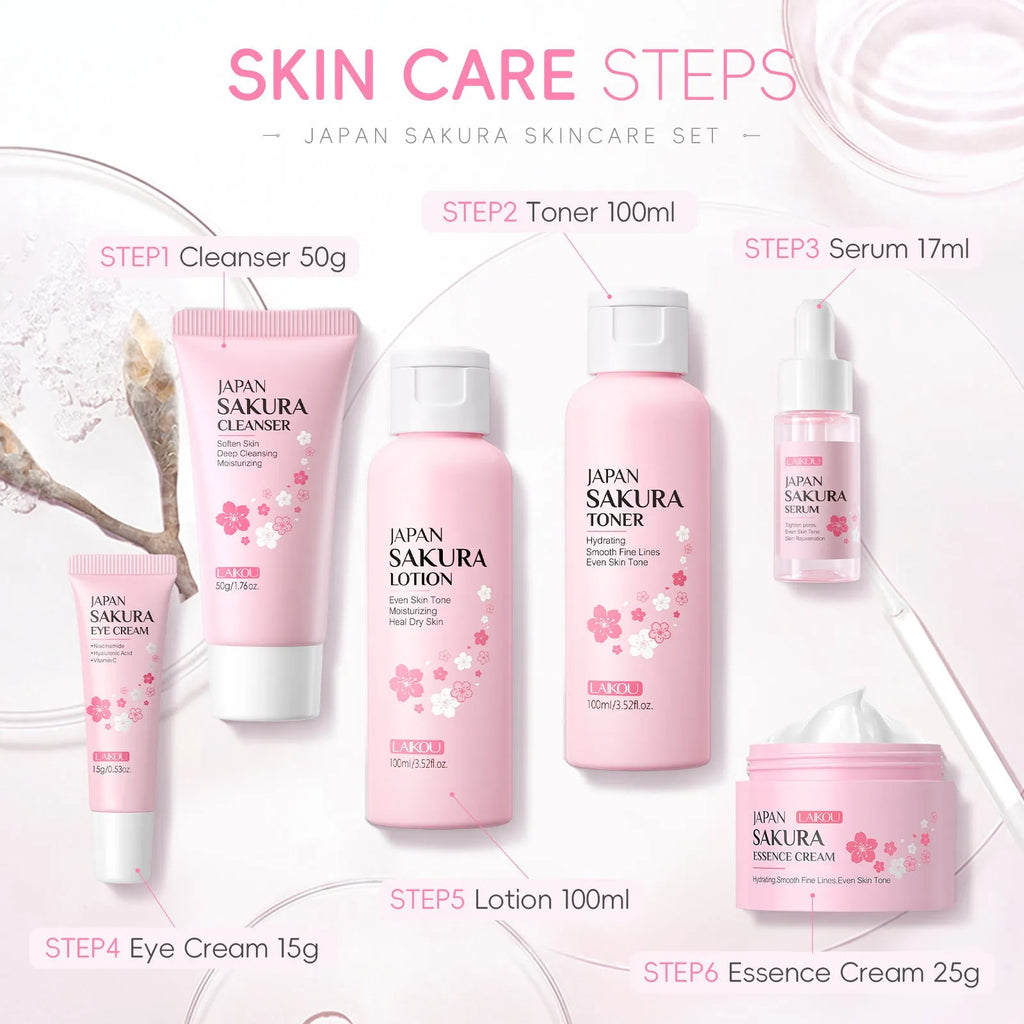 Cherry Blossom facial skincare 6-piece set showing cleanser, toner, creams and treatments