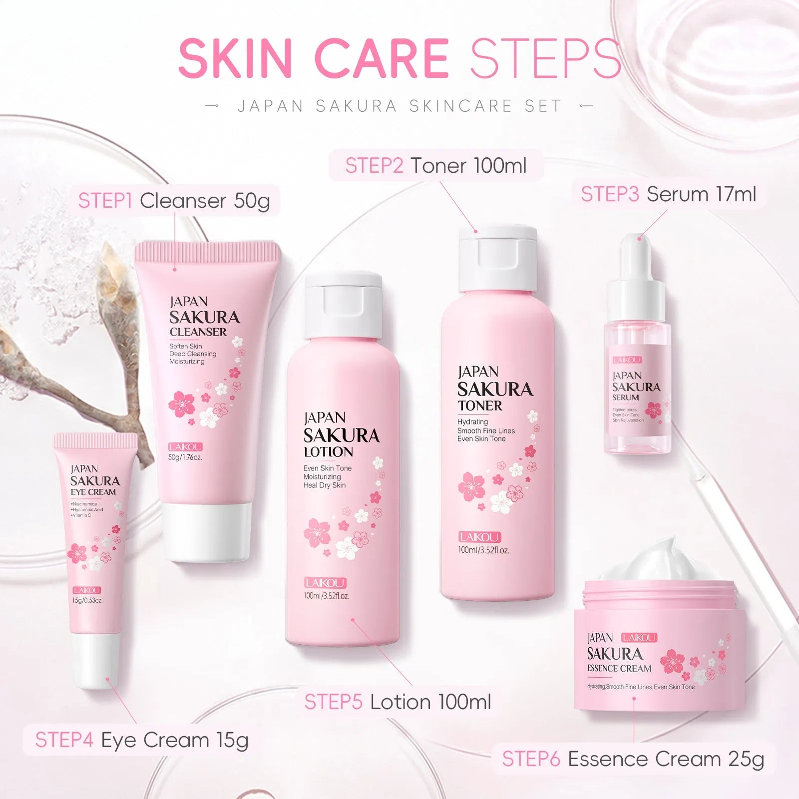 Cherry Blossom facial skincare 6-piece set showing cleanser, toner, creams and treatments