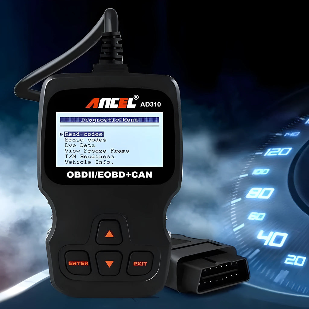 Black universal OBD2 car diagnostic code reader and instruction manual for engine fault detection.