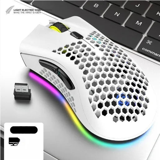 Hollow out wireless gaming mouse body with luminous light in black cyan or white color with USB receiver