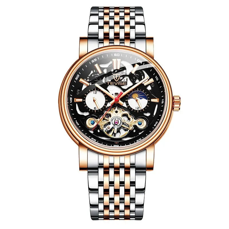 Men's mechanical tourbillon watch with luminous hands on leather strap