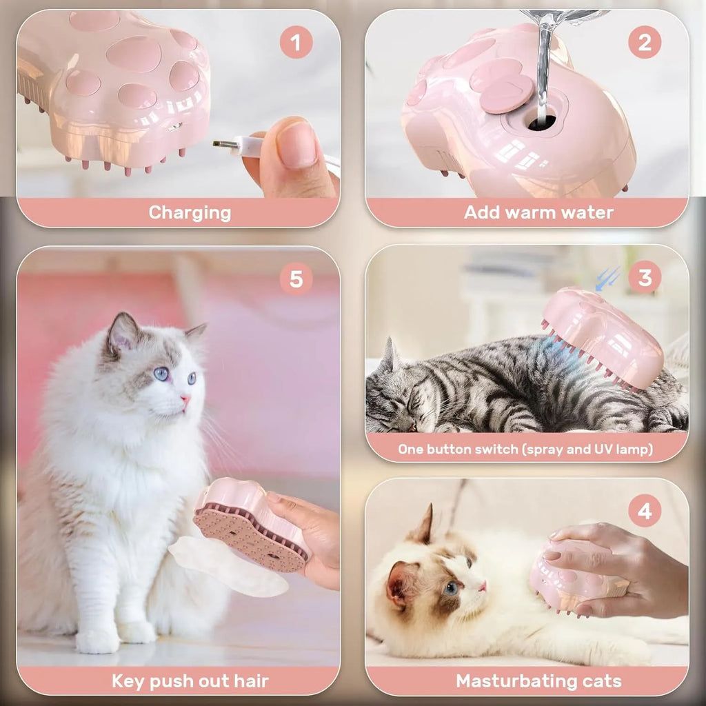 Self-cleaning cat steam brush with silicone bristles, spray nozzle, and release button in blue, green, or pink