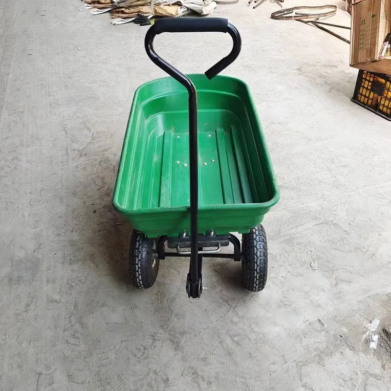 Green four-wheel plastic dump truck with steel frame for garden and farm use.