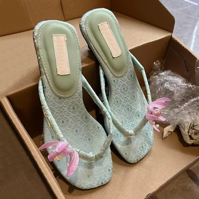Blue cowhide leather square-toe flower flip-flop for women, size 37, street style