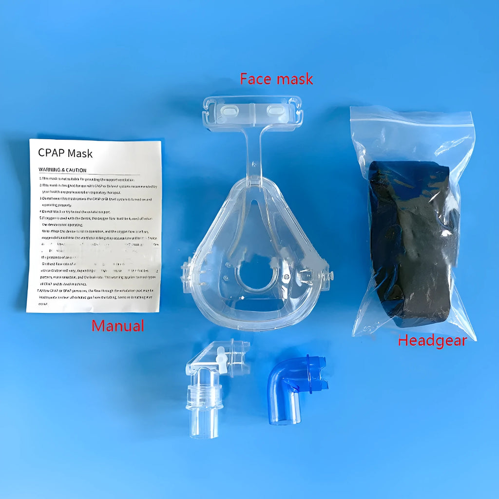 Transparent CPAP breathing mask set with headband and adapter elbows for ventilator connection