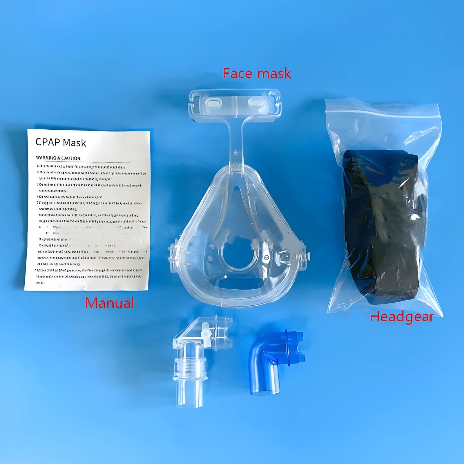 Transparent CPAP breathing mask set with headband and adapter elbows for ventilator connection