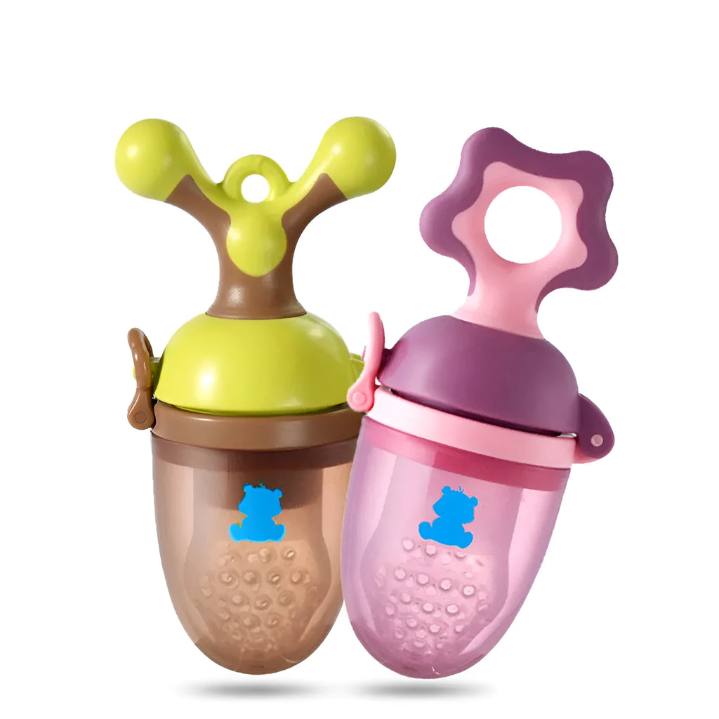 Green and purple baby bite trainers with textured surfaces and easy-grip handles