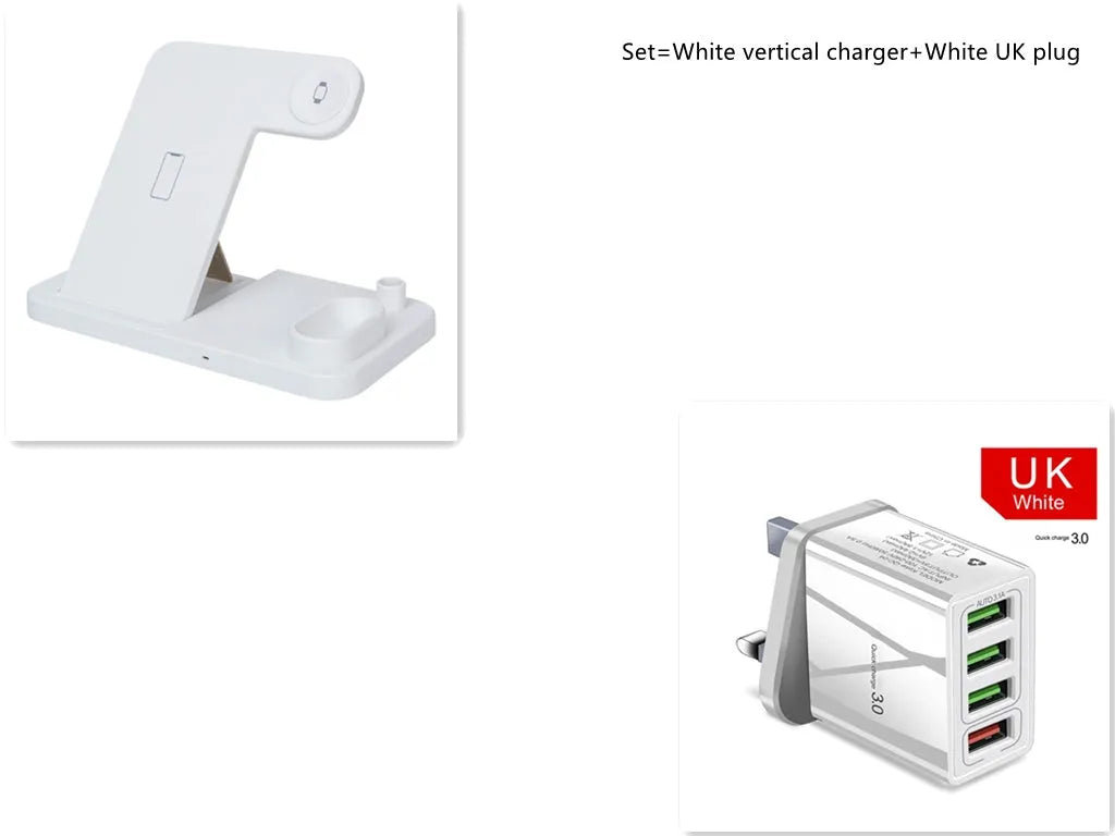 4-in-1 wireless charging station with phone, Apple Watch, and AirPods on adjustable magnetic stand