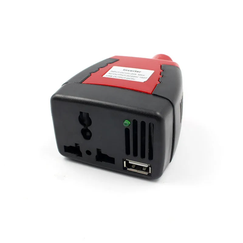 Black and red 150W car power inverter with AC plug and USB port