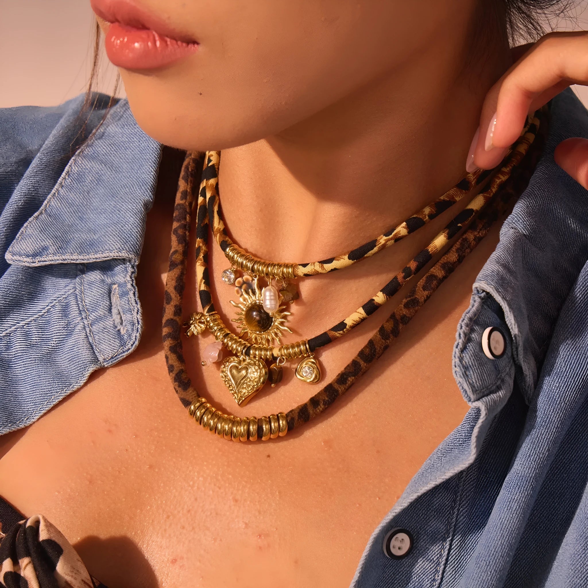 Leopard series stainless steel necklace with geometric pendant on a gold-colour chain