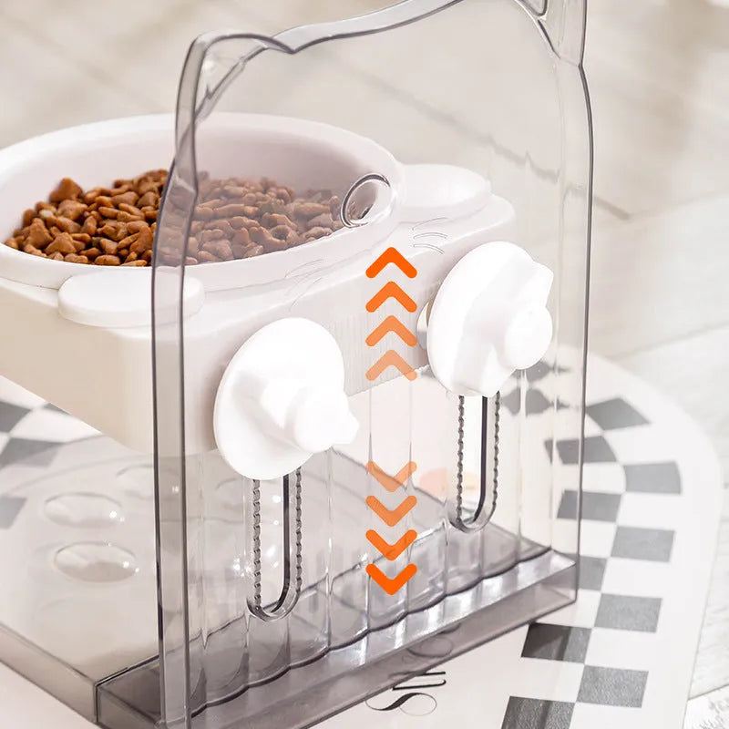 Grey adjustable cat feeding bowl with removable anti-spill ears and hanging cage
