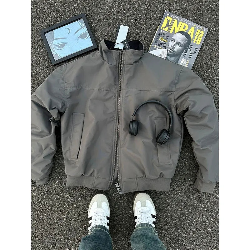 Men's stand collar coach jacket in black loose fit polyester long sleeves baseball uniform style