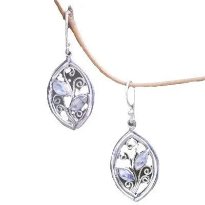 Women's silver leaf-shaped drop earrings with embedded colourful moonstone gemstones