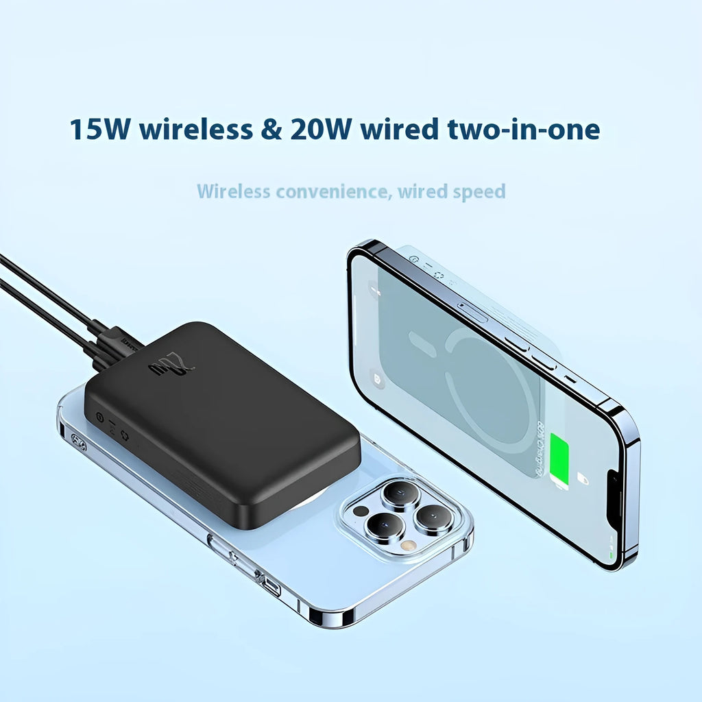 Magnetic wireless fast charging power bank with silicone non-slip shell showing five colour options