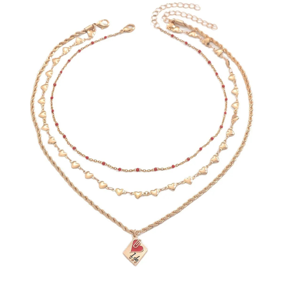 Gold tone three-layer love necklace with geometric pendant on a model.