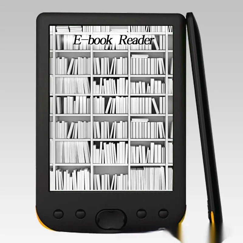 Black 6-inch E-ink e-book reader showing a page of text on its paper-like screen.