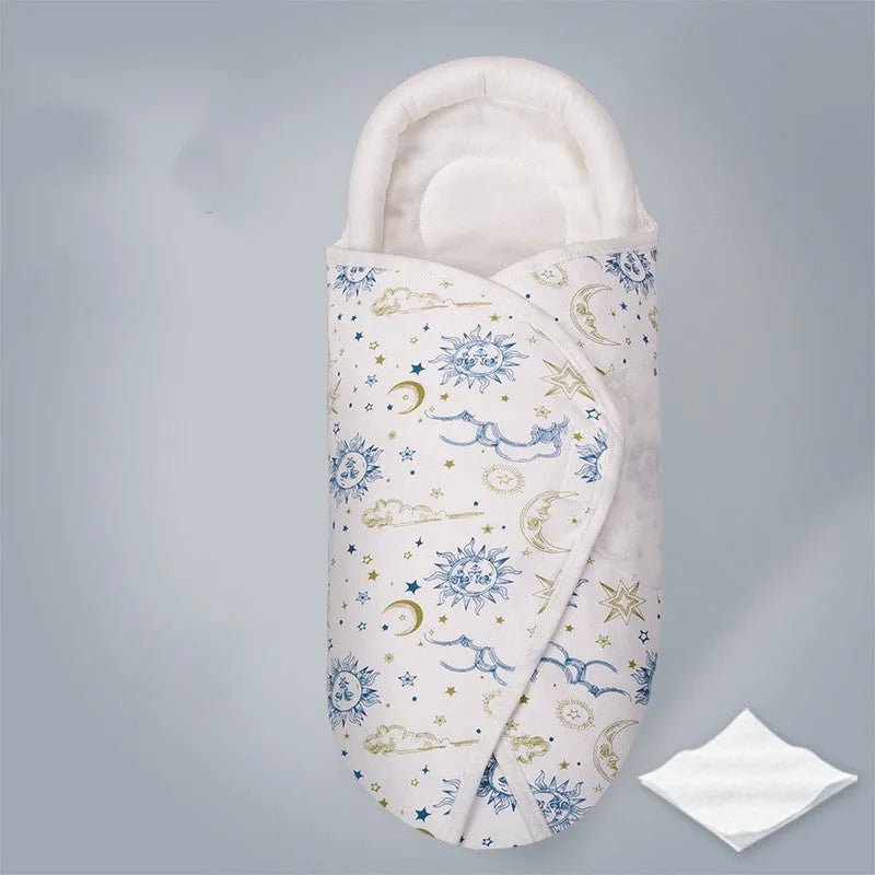 Cotton anti-startle swaddle blanket for babies in a colourful dinosaur print, 30 by 60 cm.