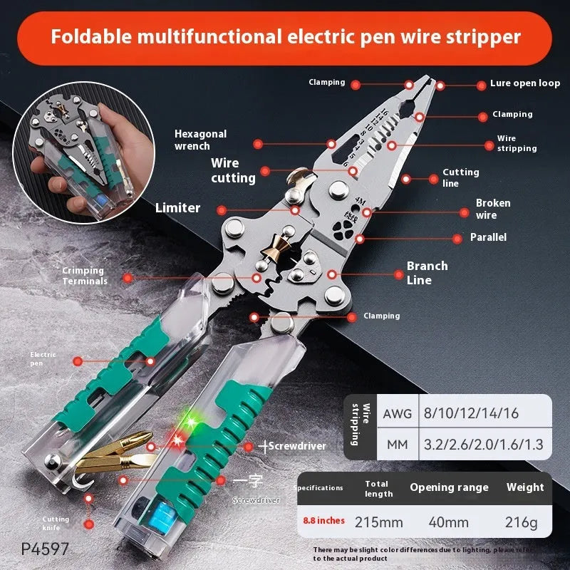 Electricians' pointed nose wire stripper pliers with rust prevention coating showing cutting edges