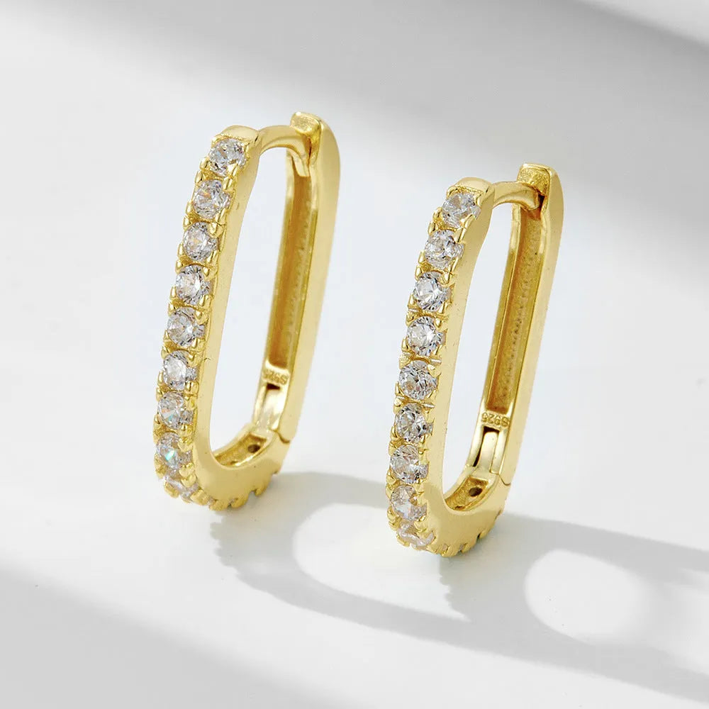 S925 sterling silver oval zircon ear clip earrings with geometric European design in white or yellow colour