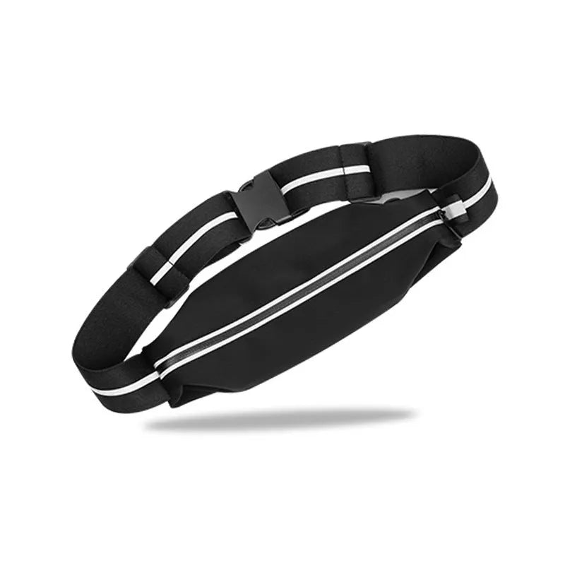 Lightweight waterproof running pouch in black with stretch fit and reflective strip for outdoor sports