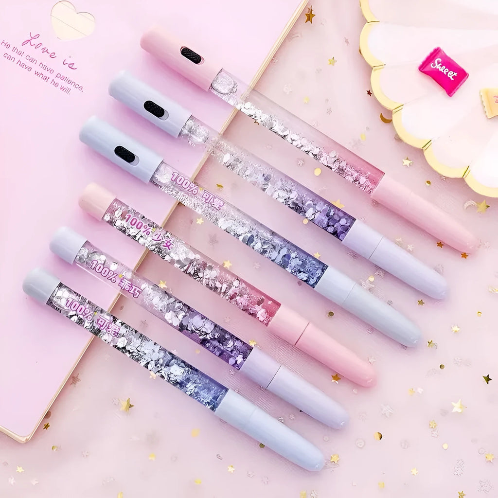 Glitter quicksand pen with 0.5mm tip in purple fairy wand style, black ink, 16cm plastic case