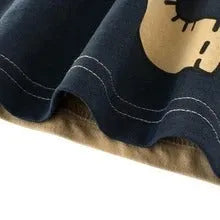 Boys' cotton T-shirt with animal print option, shown in sizes from 90cm to 140cm on a size chart.