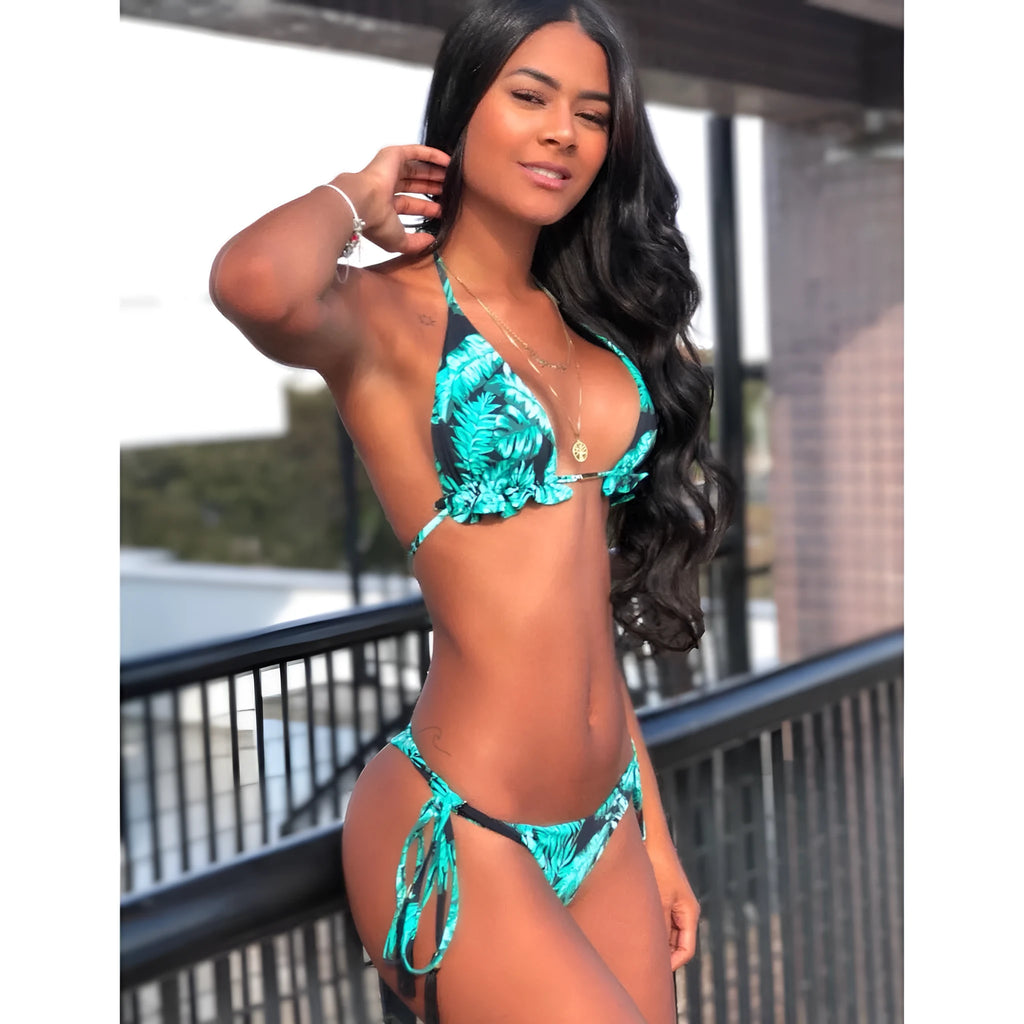 Beach swimming sports split swimsuit in green with steel drag and chest pad