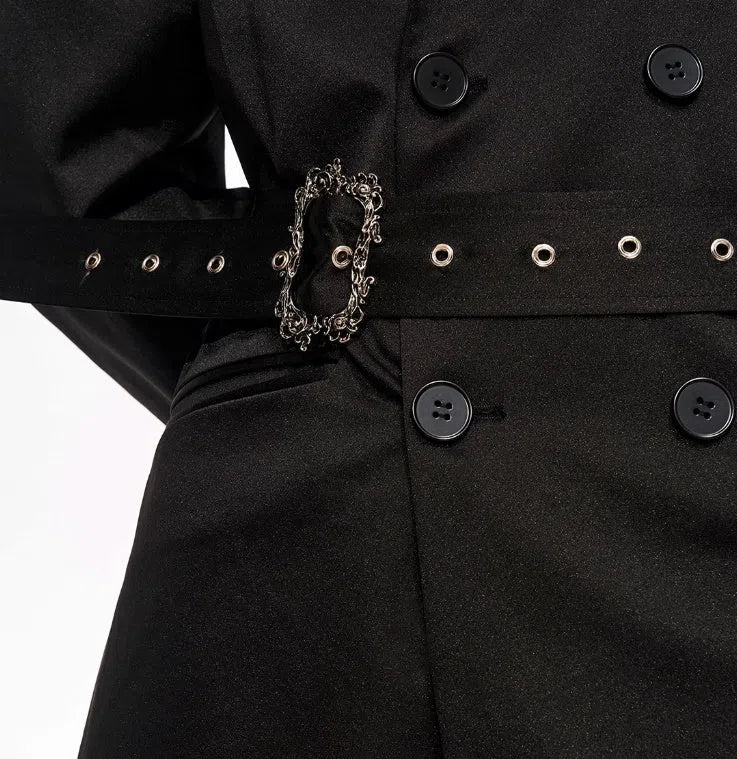 Black padded trench coat medium length cotton polyester blend front view