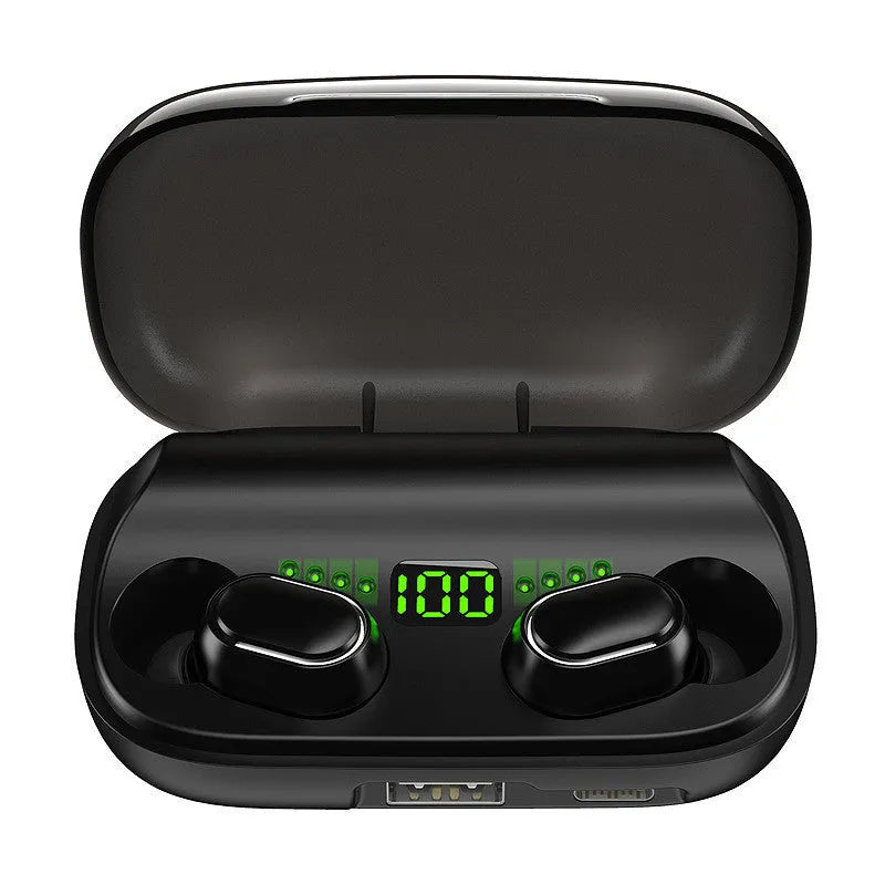 TWS digital display XT01 Bluetooth earphones with charging case showing white and blue indicator lights