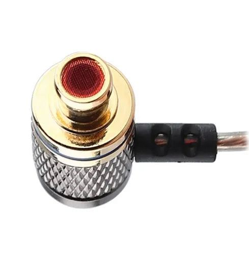 Brown in-ear wired headphones with metal subwoofer, microphone, L-bend 3.5mm plug, TPE wire on white background