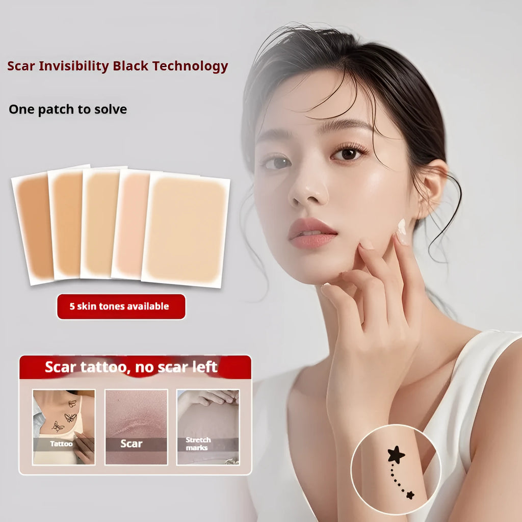 Pack of adhesive tattoo cover patches in various flesh tones on skin, showing 130mm length.