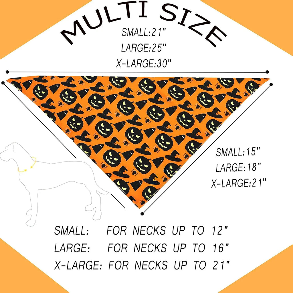 Halloween dog bandana with pumpkin and spider web patterns in black and orange colours