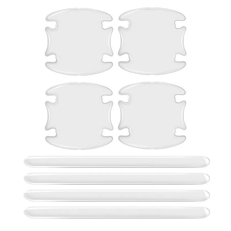 Transparent 3D adhesive protectors for car door handle bowls in a 4-piece set.
