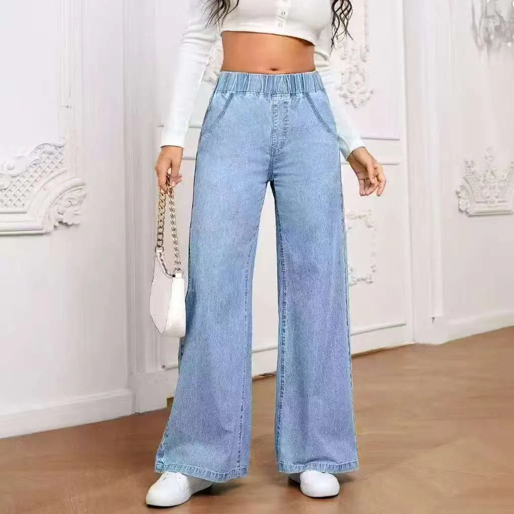 Light blue washed wide-leg women's denim jeans with straight fit and mid-rise waist