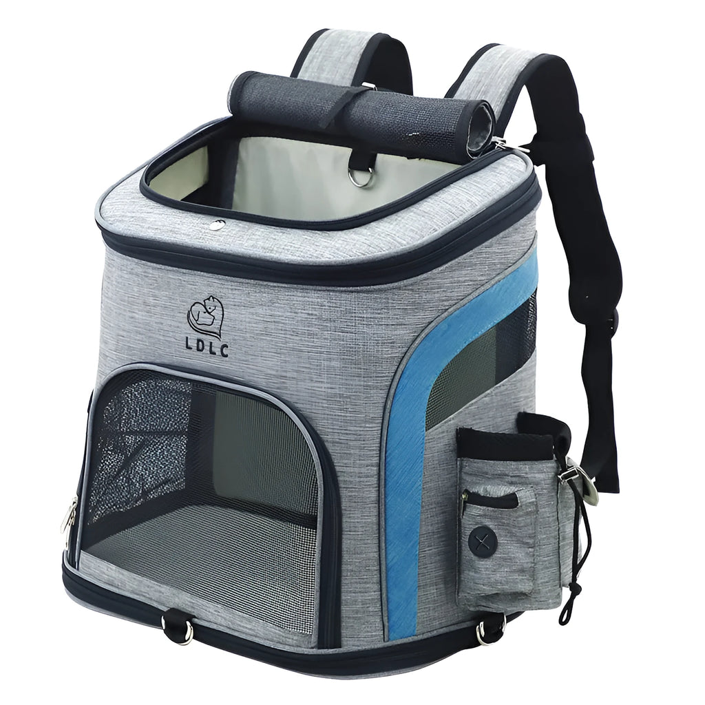 Breathable pet backpack in gray, showing mesh ventilation panels and zippered entry, for cats and dogs up to 20 kg