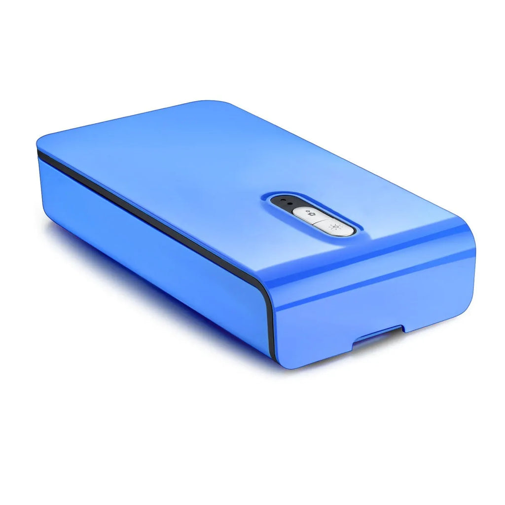 Blue UV phone steriliser machine with open lid showing interior chamber.