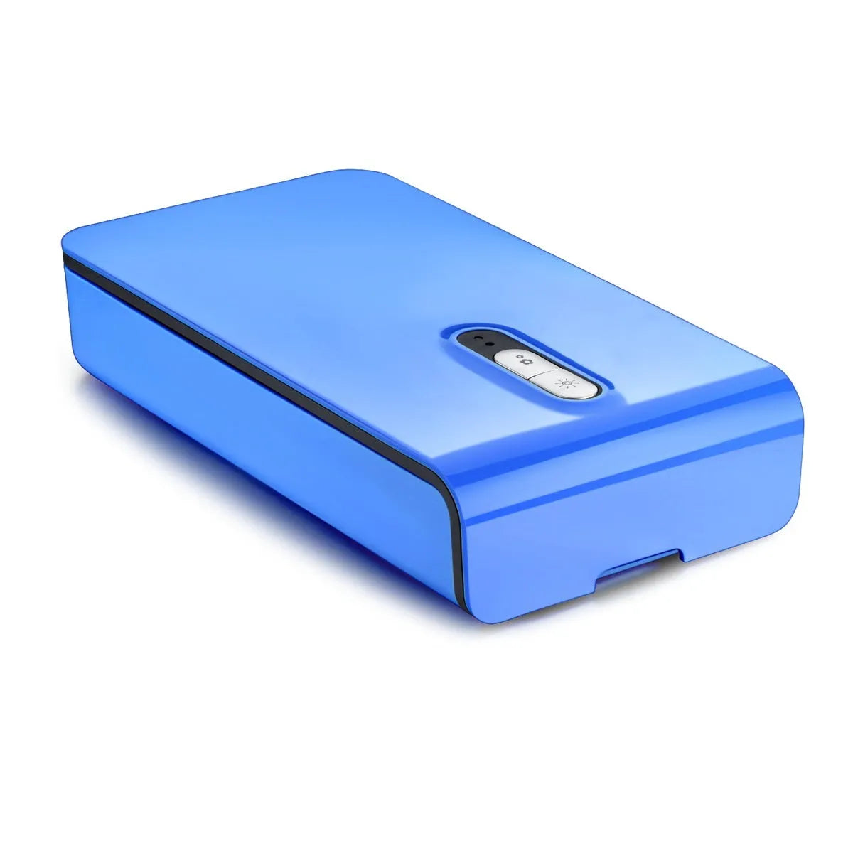 Blue UV phone steriliser machine with open lid showing interior chamber.