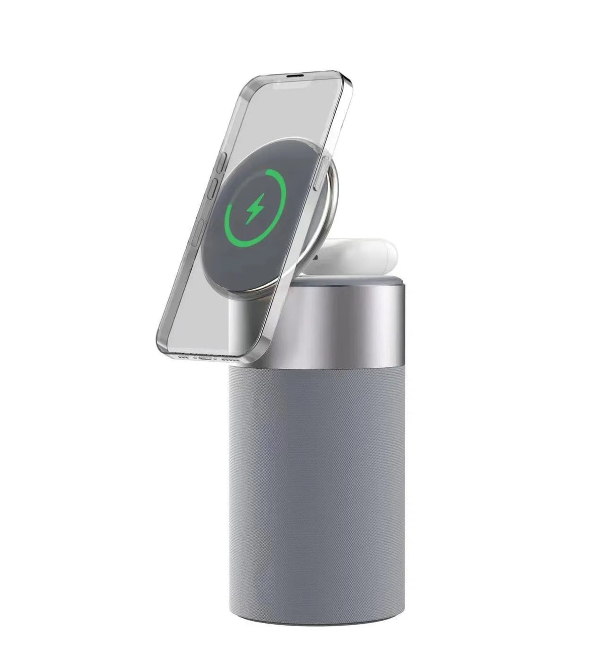 Gray or beige magnetic wireless charger with earphone and cellphone audio function, button or touch control, small portable design