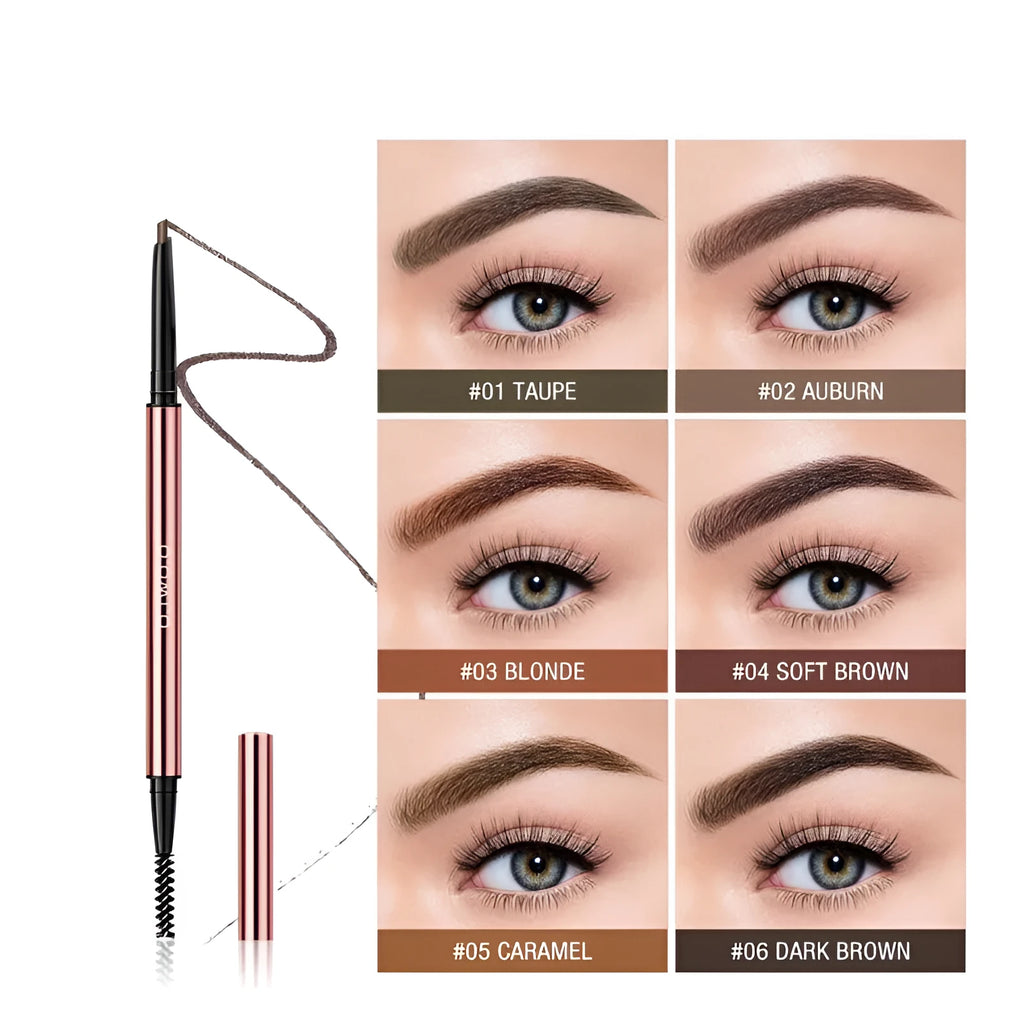 Eyebrow makeup pencil in colour box, showing six shade options: Auburn, Blonde, Caramel, Dark Brown, Soft Brown, Taupe.