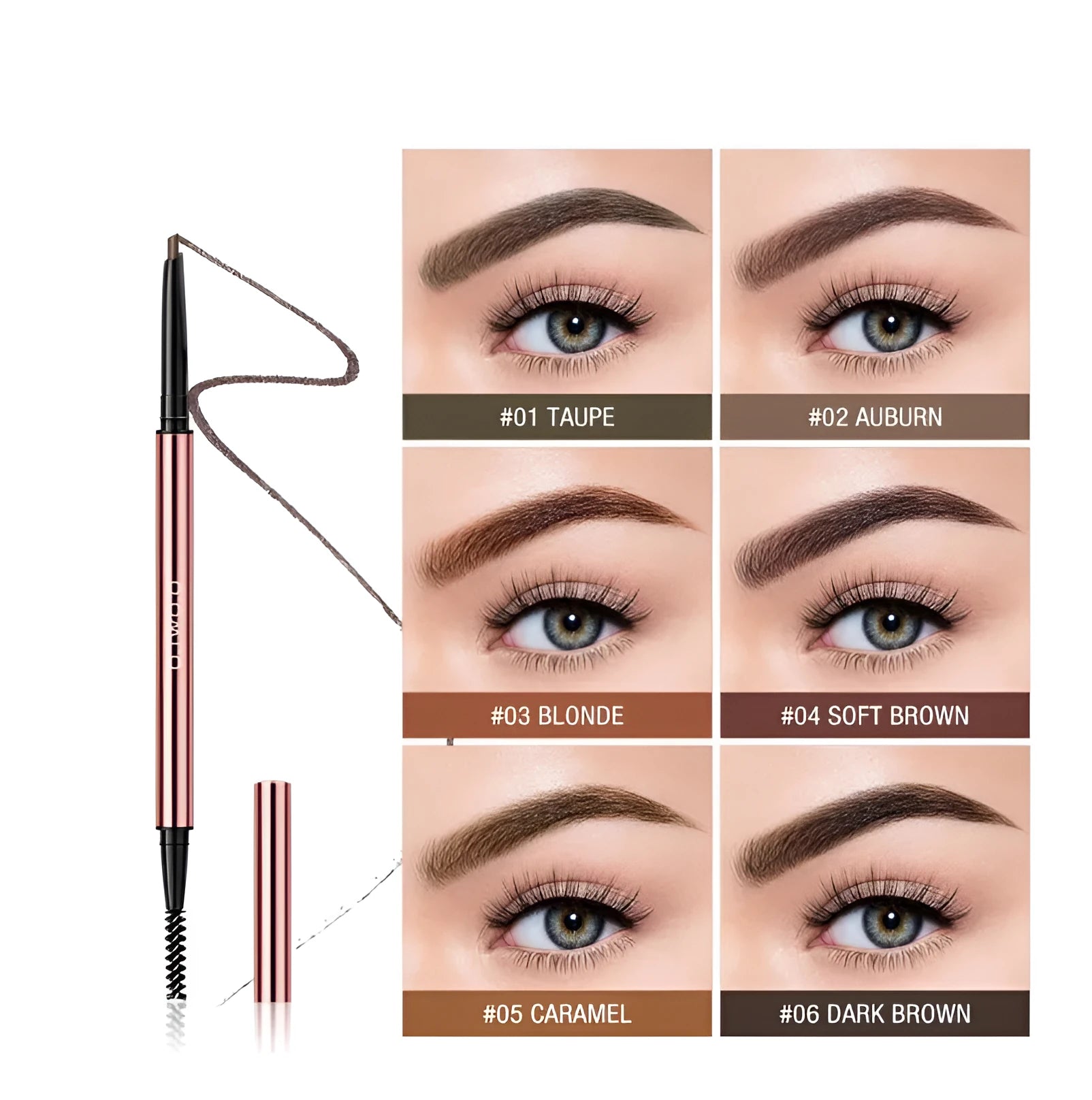 Eyebrow makeup pencil in colour box, showing six shade options: Auburn, Blonde, Caramel, Dark Brown, Soft Brown, Taupe.