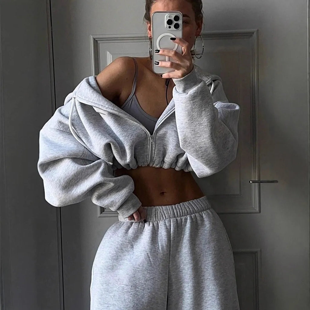 Men's long sleeve polyester sports suit two-piece set in light gray