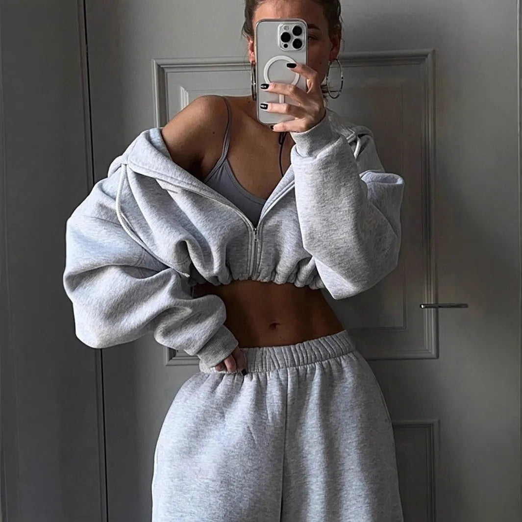 Men's long sleeve polyester sports suit two-piece set in light gray